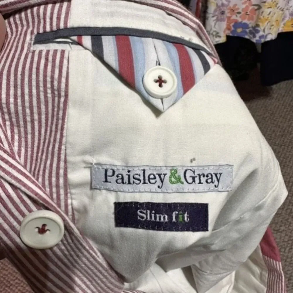 Paisley & Gray Men's Slim Fit‎ Seersucker Cotton Blazer Red White Striped Small